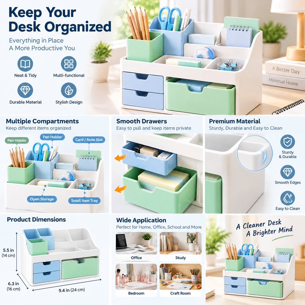 Pastel Desktop Organizer with Drawers — features