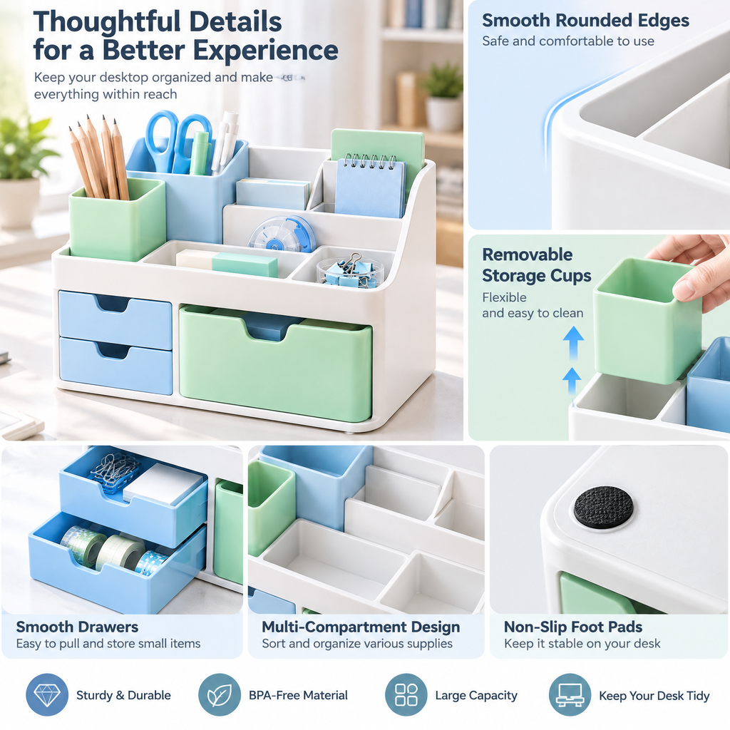 Pastel Desktop Organizer with Drawers — details