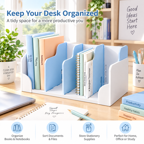 Blue & White Desktop Book Organizer — everyday use