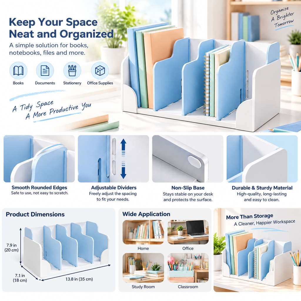 Blue & White Desktop Book Organizer — features