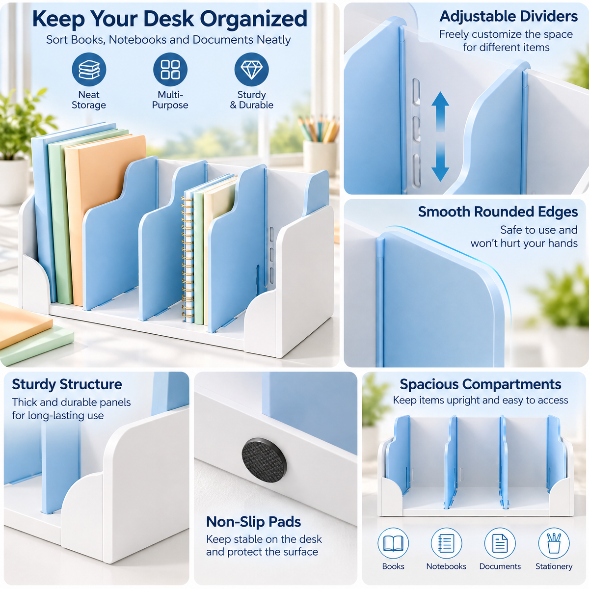 Blue & White Desktop Book Organizer — details