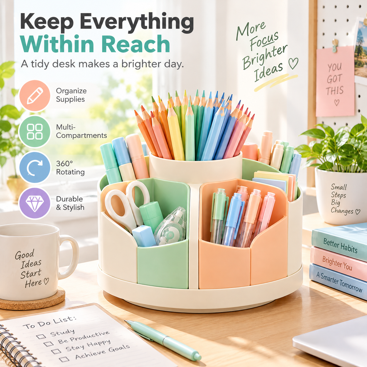 Pastel Rotating Desk Caddy — everyday use