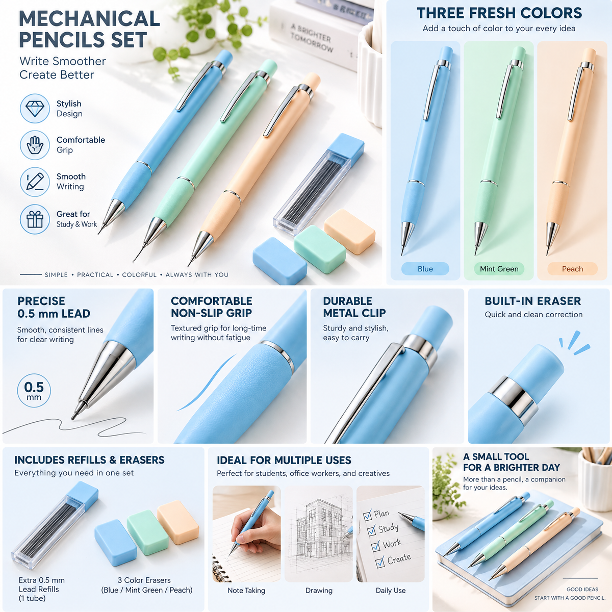 Pastel Mechanical Pencil Set — features
