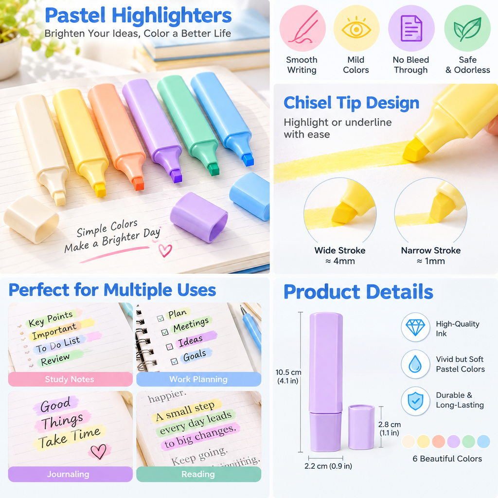 6-Color Pastel Highlighter Set — features
