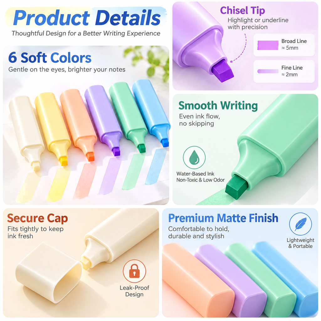 6-Color Pastel Highlighter Set — details