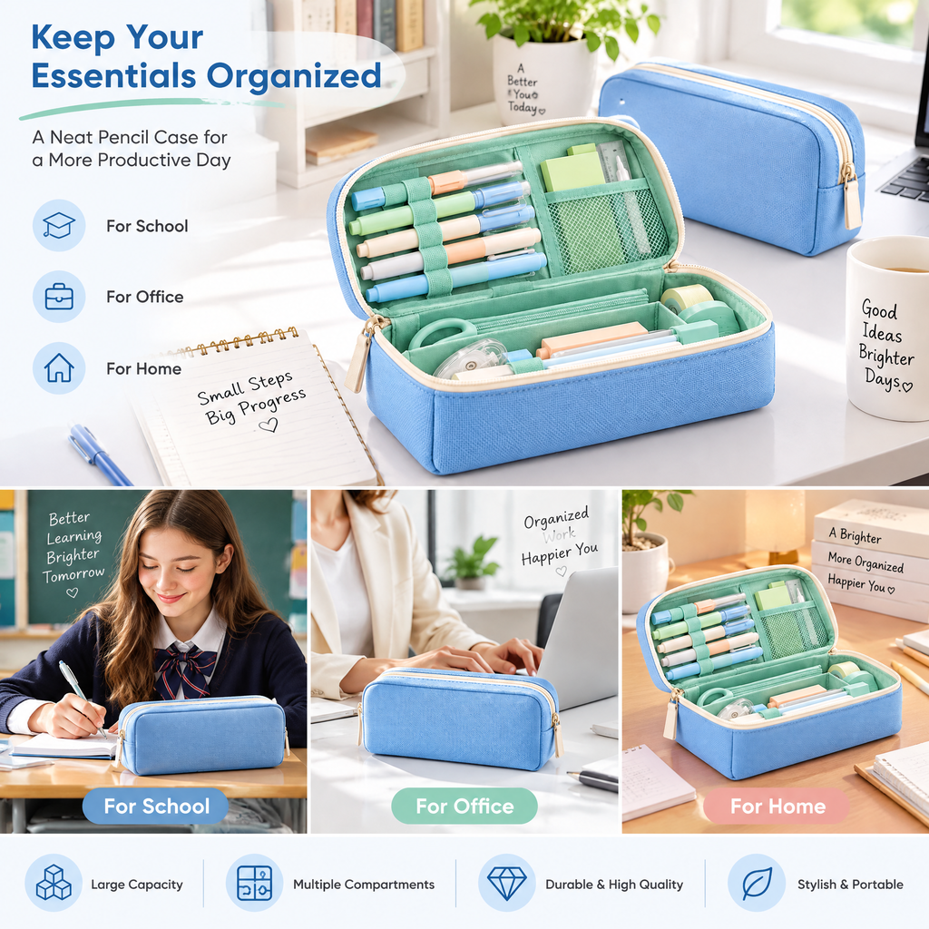 Sky Blue Zip-Around Pencil Case — everyday use