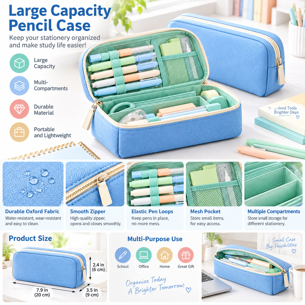 Sky Blue Zip-Around Pencil Case — features