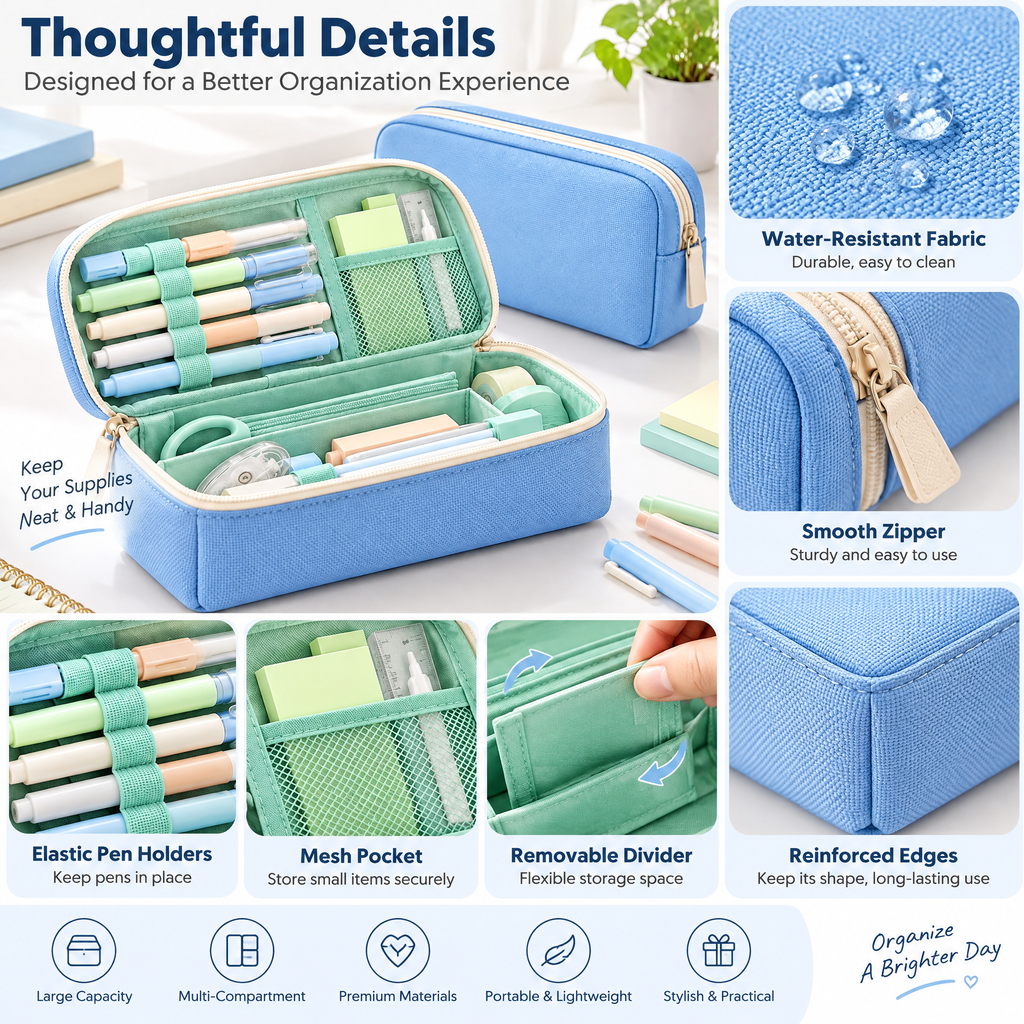 Sky Blue Zip-Around Pencil Case — details