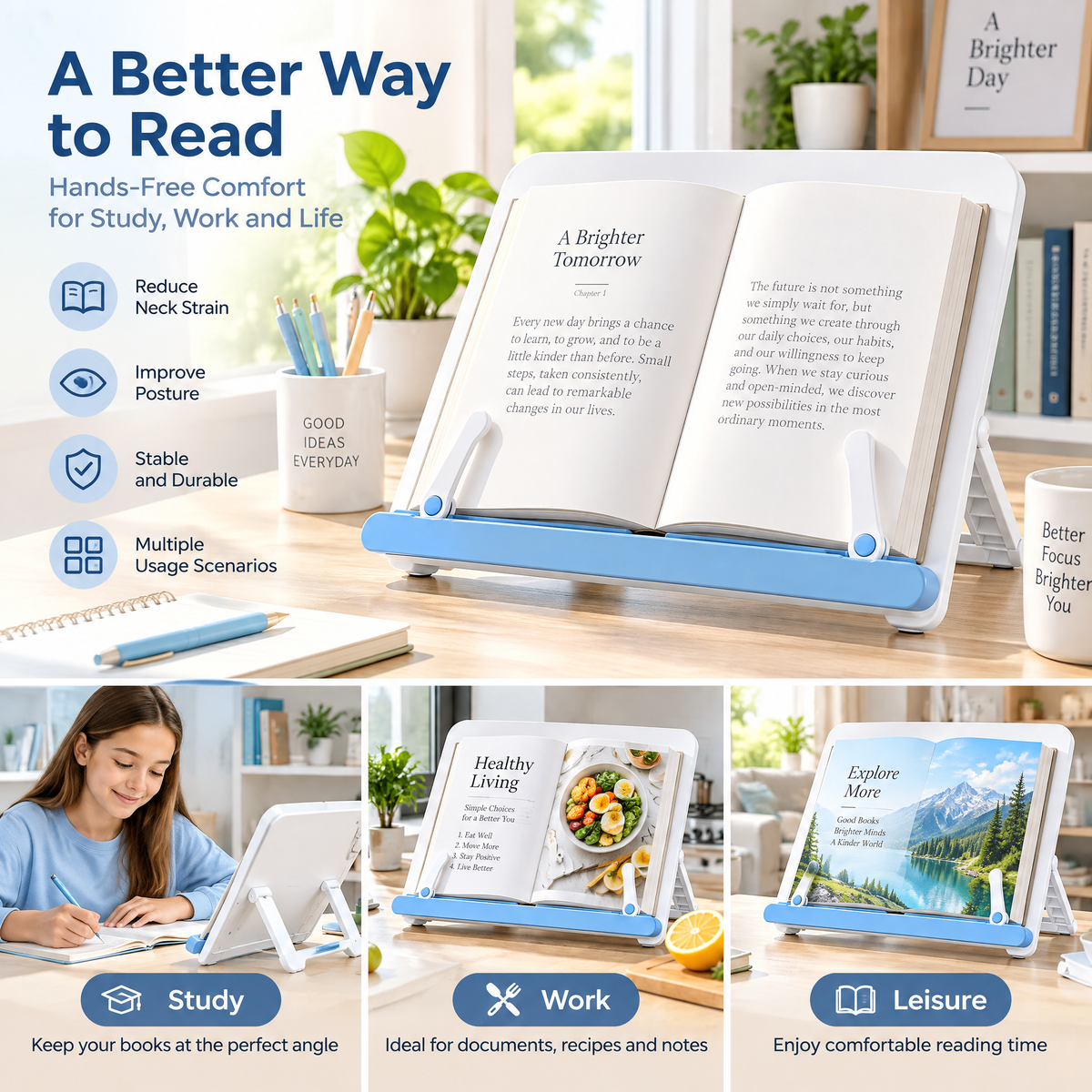 Adjustable White & Blue Reading Stand — everyday use