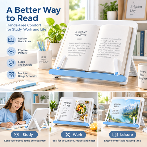 Adjustable White & Blue Reading Stand — everyday use