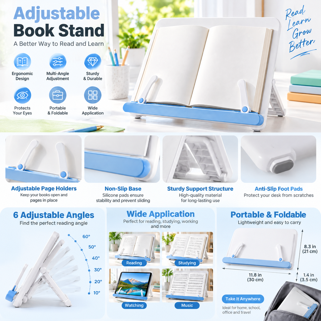 Adjustable White & Blue Reading Stand — features