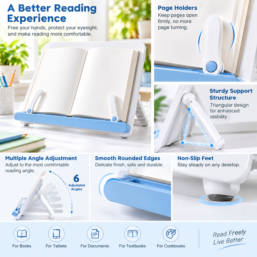 Adjustable White & Blue Reading Stand — details