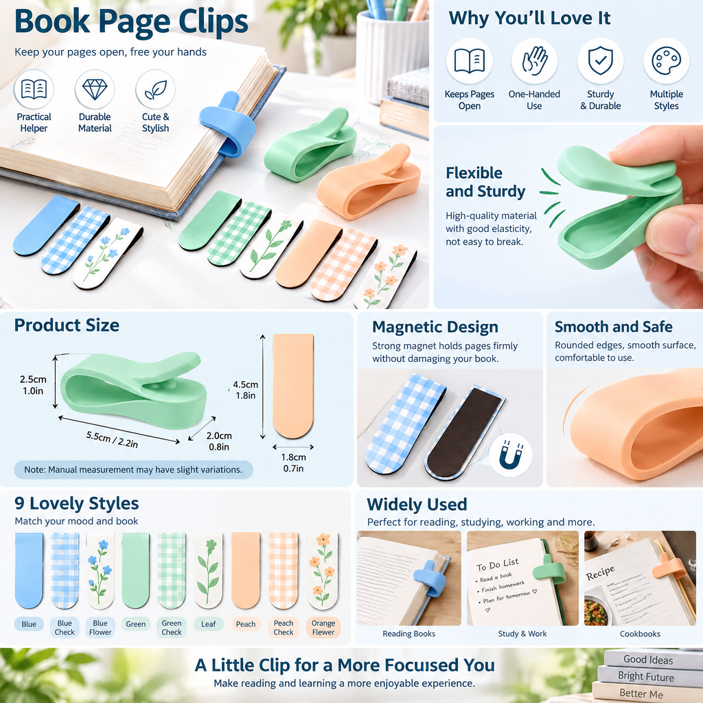 Pastel Magnetic Bookmarks & Page Holders — features