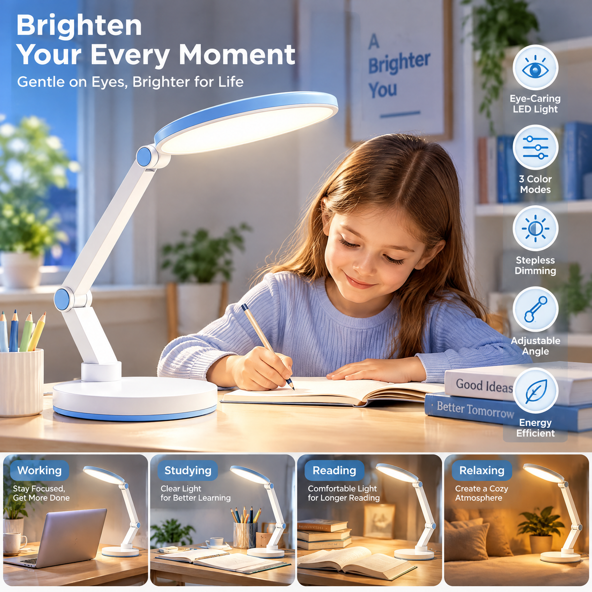 White & Blue Adjustable LED Desk Lamp — everyday use
