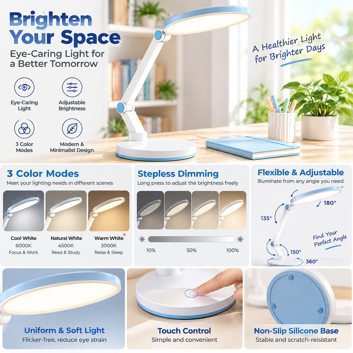 White & Blue Adjustable LED Desk Lamp — features