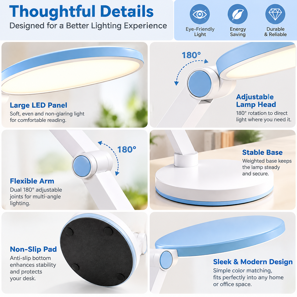 White & Blue Adjustable LED Desk Lamp — details